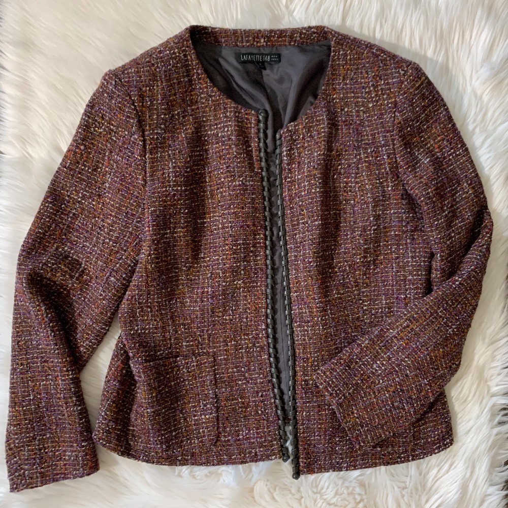 Lafayette 148 Tweed Leather Trim Open Wool Blazer